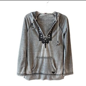 4/$15 Roxy | Distressed Gray Sweatshirt Hoodie Black Embellishment Embroidery